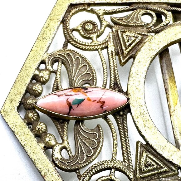 Art Nouveau Belt Buckle with Rhodonite Cabochons—Convert into Brooch or Pendant - Picture 3 of 11